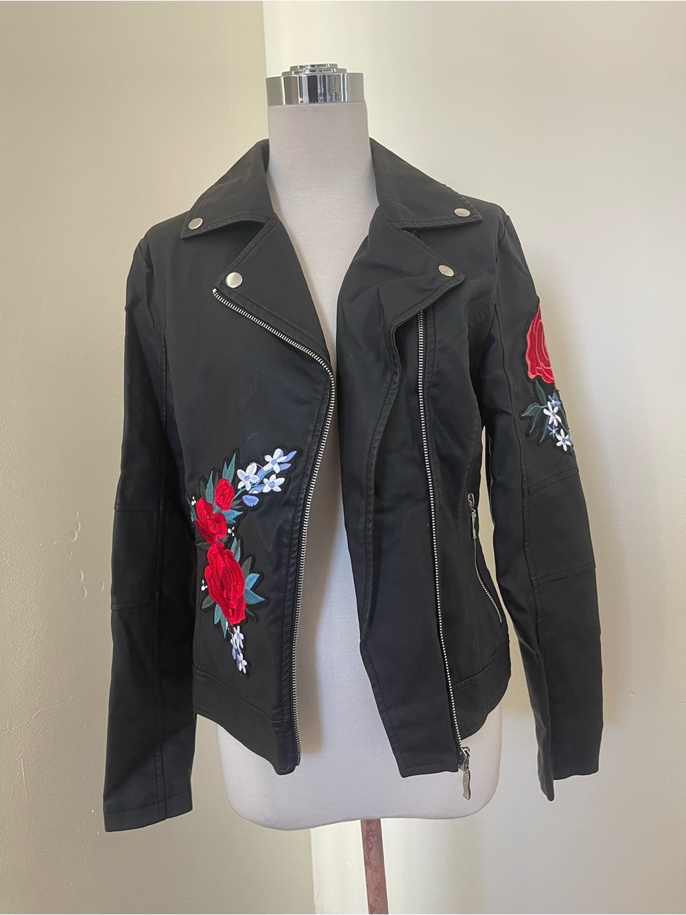 Say What? Faux leather Black Moto Jacket with Red Rose Embroidery